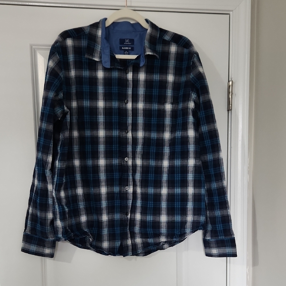 Blue and White Plaid Button-Up Shirt